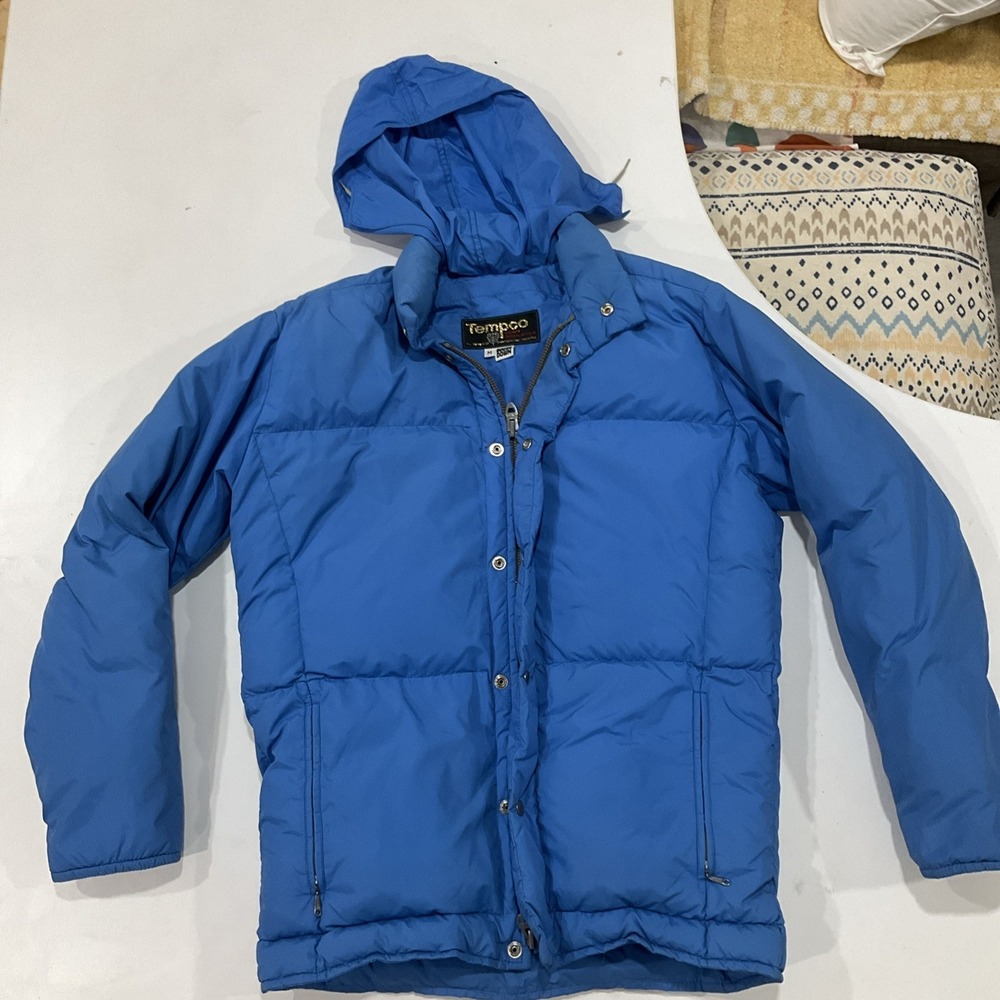 Tempco Vintage Quilted Hoodie Puffer Jacket Goose Down Size Medium Blue